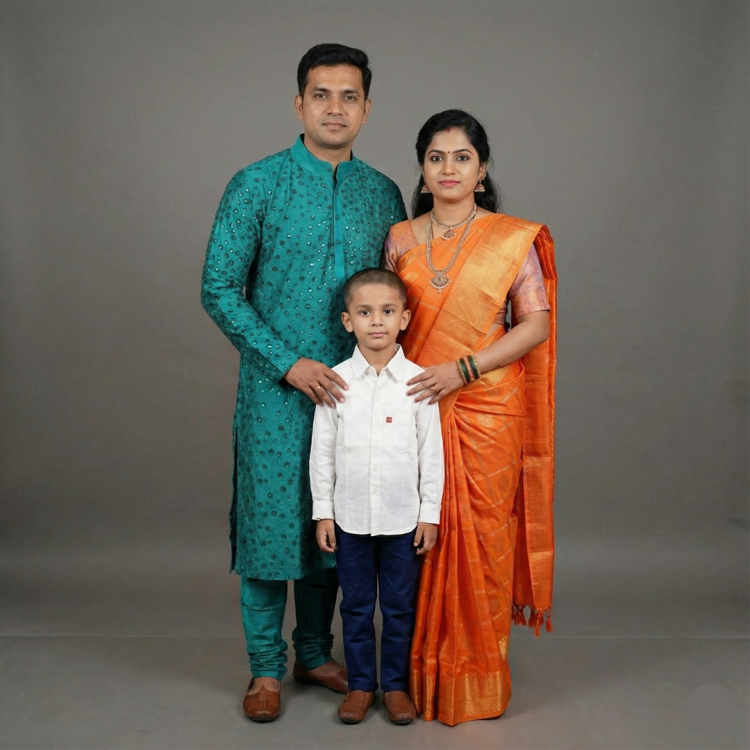 Men's Kurta Pyjama ,Women Saree & Baby Boy Combo | S3MBGFC1