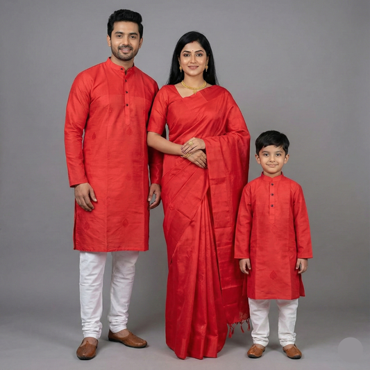 Family Combo – Pink Saree, Men’s Kurta & Baby Boy Kurta Set | S3 Fashions| S3MSB