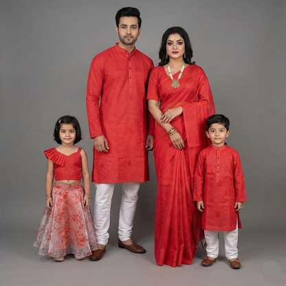 Family Combo – Pink Saree, Men’s Kurta & Baby Girl Top-Skirt Set | S3 Fashions | S3MSG