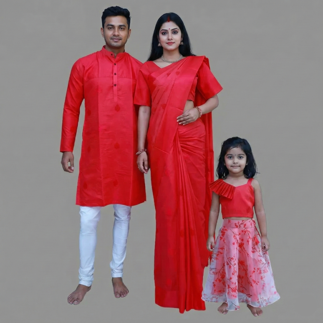 Family Combo – Pink Saree, Men’s Kurta & Baby Girl Top-Skirt Set | S3 Fashions | S3MSG