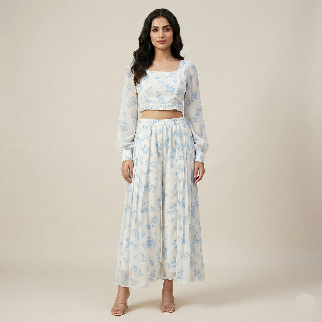 white and sky blue  floral printed crop top with skirt - set of two