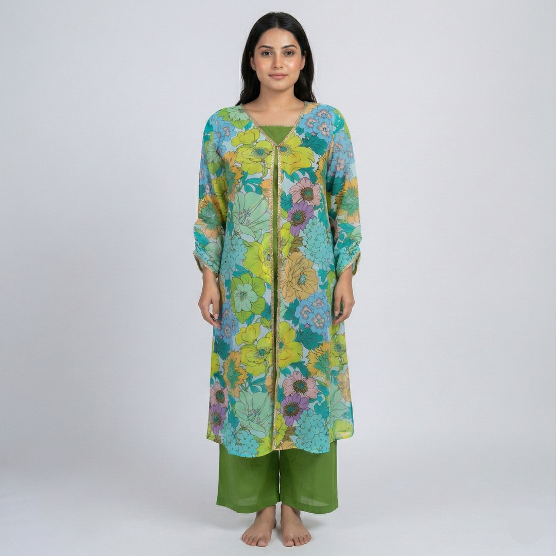 Long kurti with a floral print, paired with a solid green inner layer or possibly a salwar kameez set