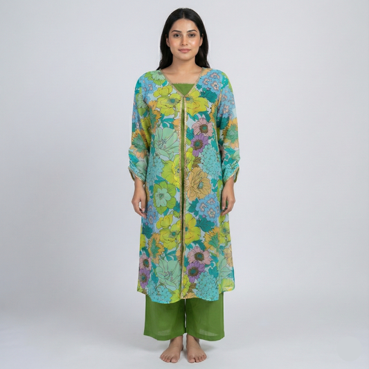 Long kurti with a floral print, paired with a solid green inner layer or possibly a salwar kameez set