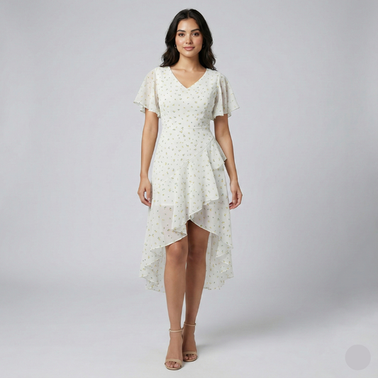white, high-low dress with short, flutter sleeves and a subtle floral pattern