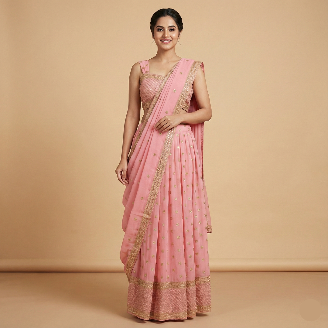 Pink Tissue Silk Sangeet Lehenga with Sequins Embroidery & Sleeveless Blouse