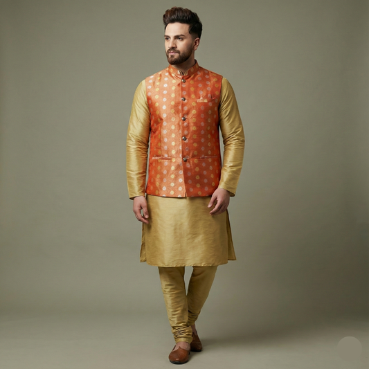 Men Silk Blend Kurta Pant Ethnic Jacket Set