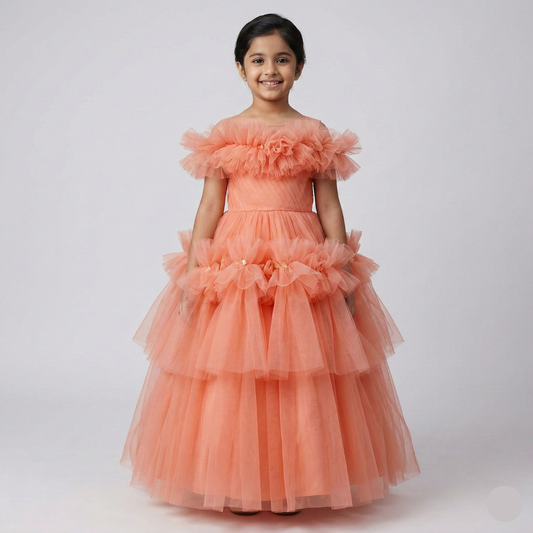 Lagorii Elegant Shimmer Peach Net Tailback Ruffle Frock for Girls | Stylish Peach Ruffle Dress for Kids Tailback Frock