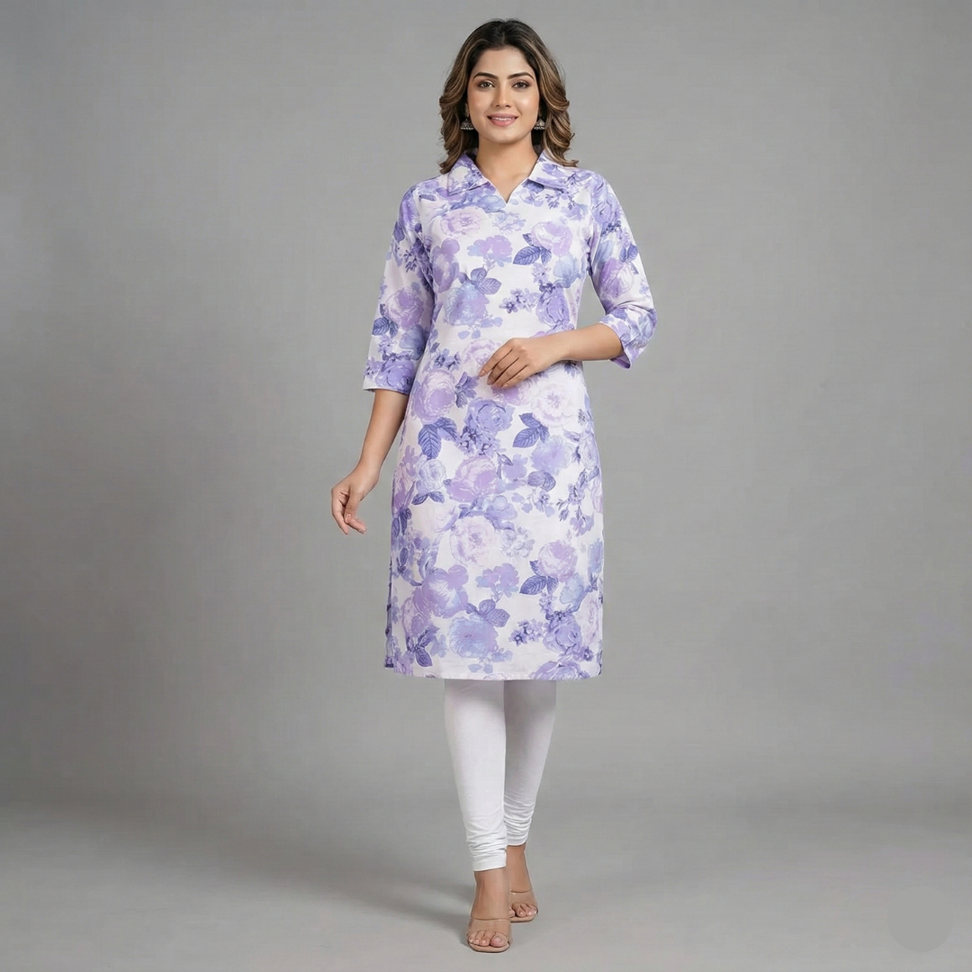 Blue colour floral printed aline kurthi