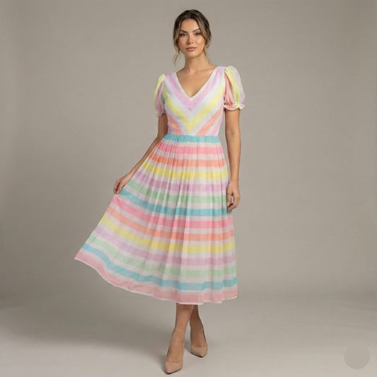 Multicolor strips pleated frock