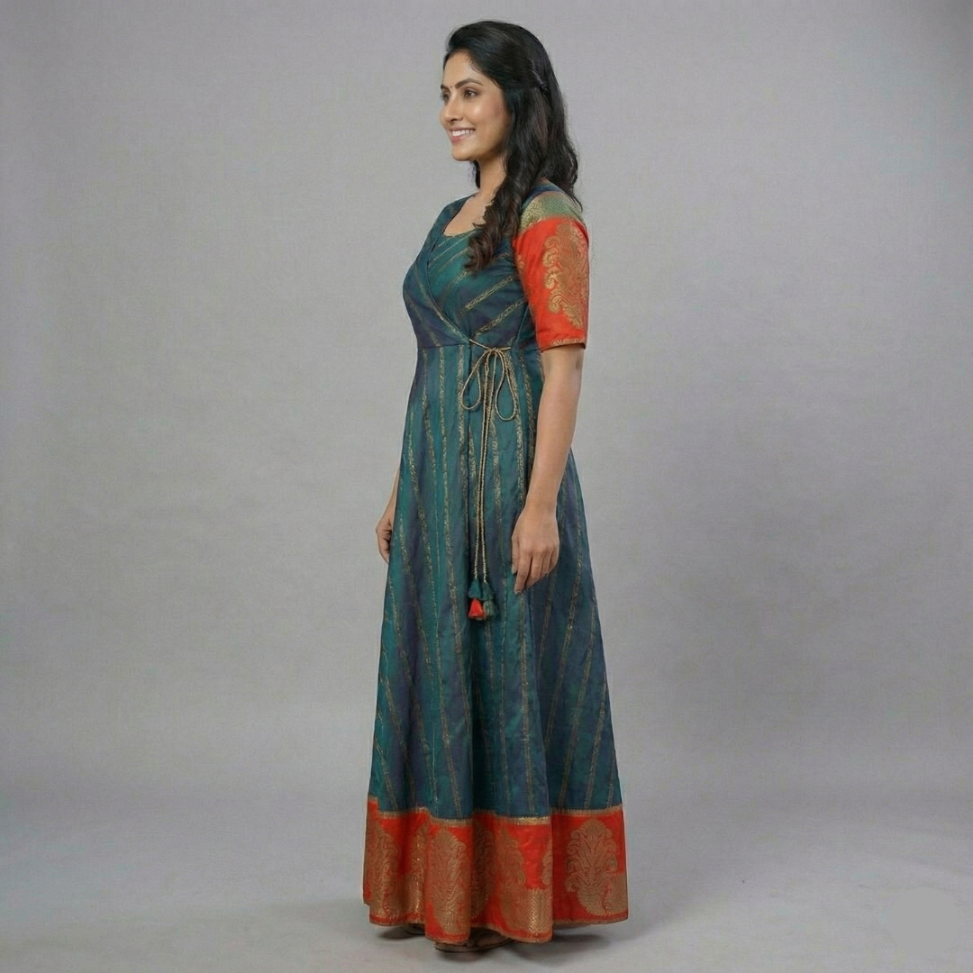Raw Silk Wrap Frock with Banarasi Border – Timeless Elegance