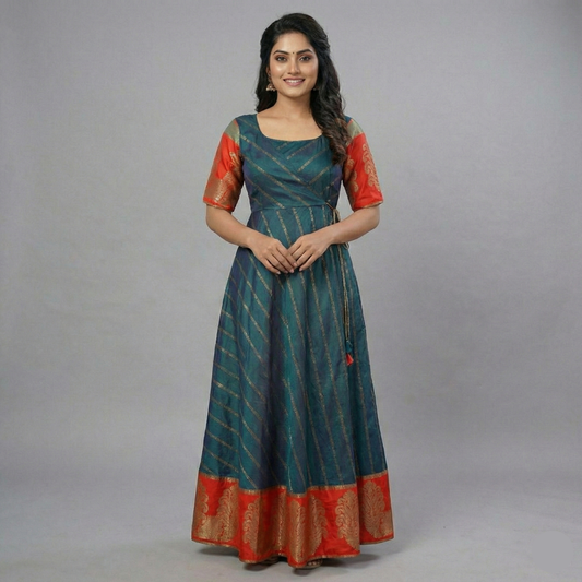 Raw Silk Wrap Frock with Banarasi Border – Timeless Elegance