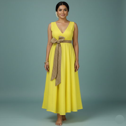 yellow A-line midi dress