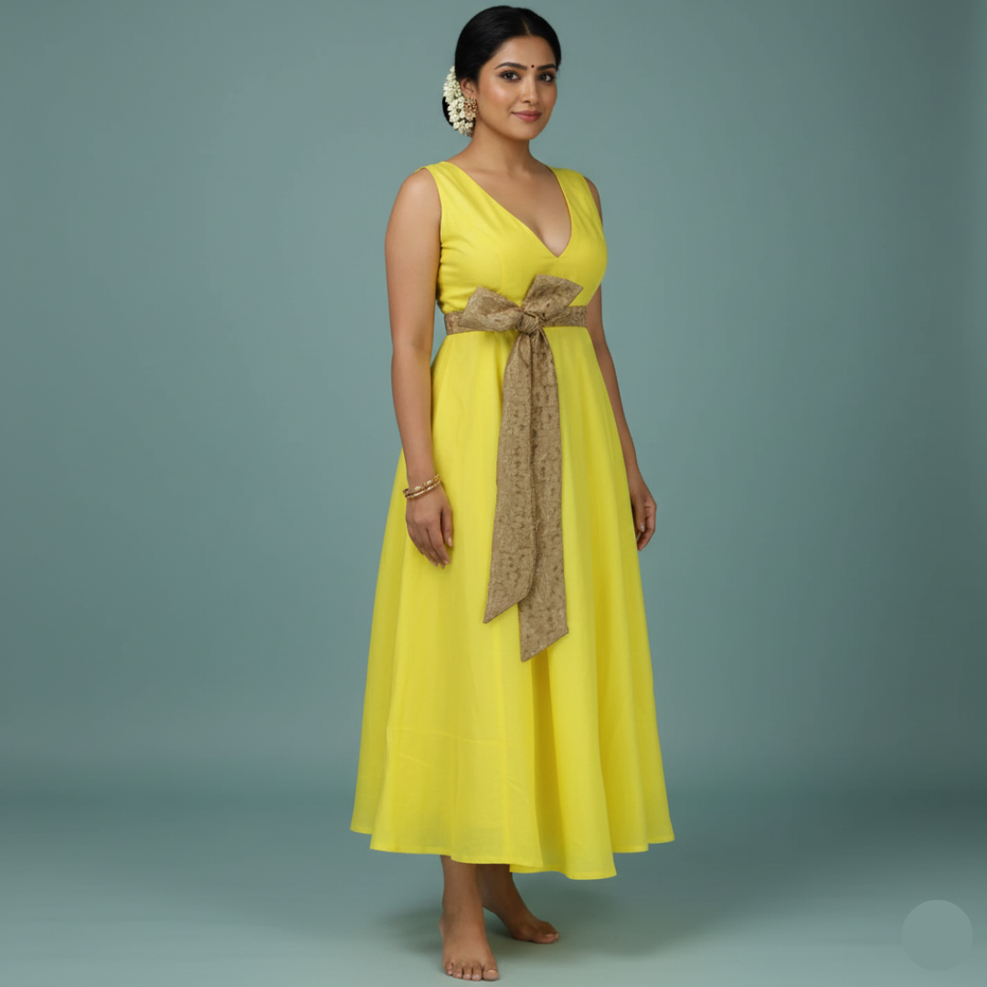 yellow A-line midi dress