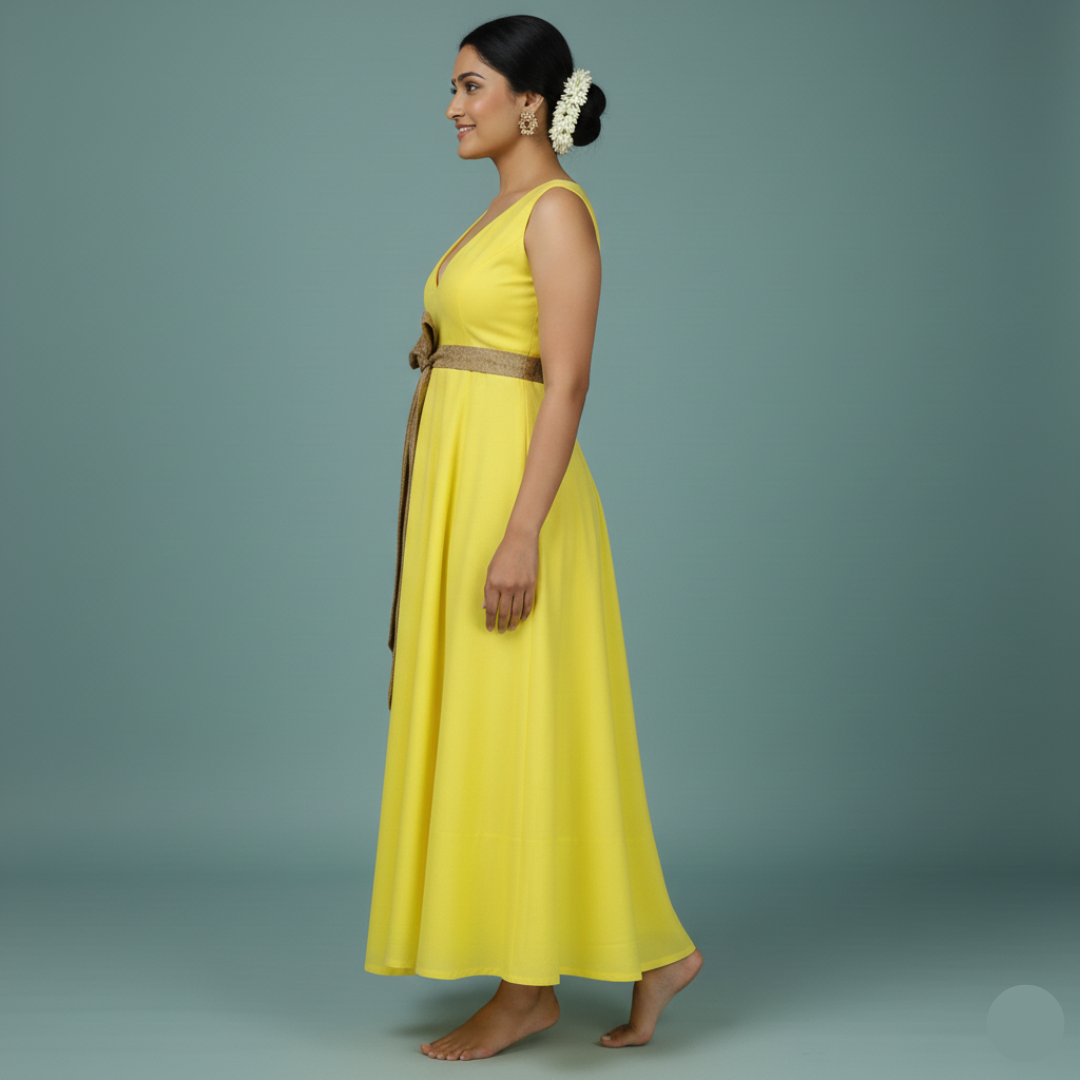 yellow A-line midi dress