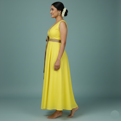 yellow A-line midi dress
