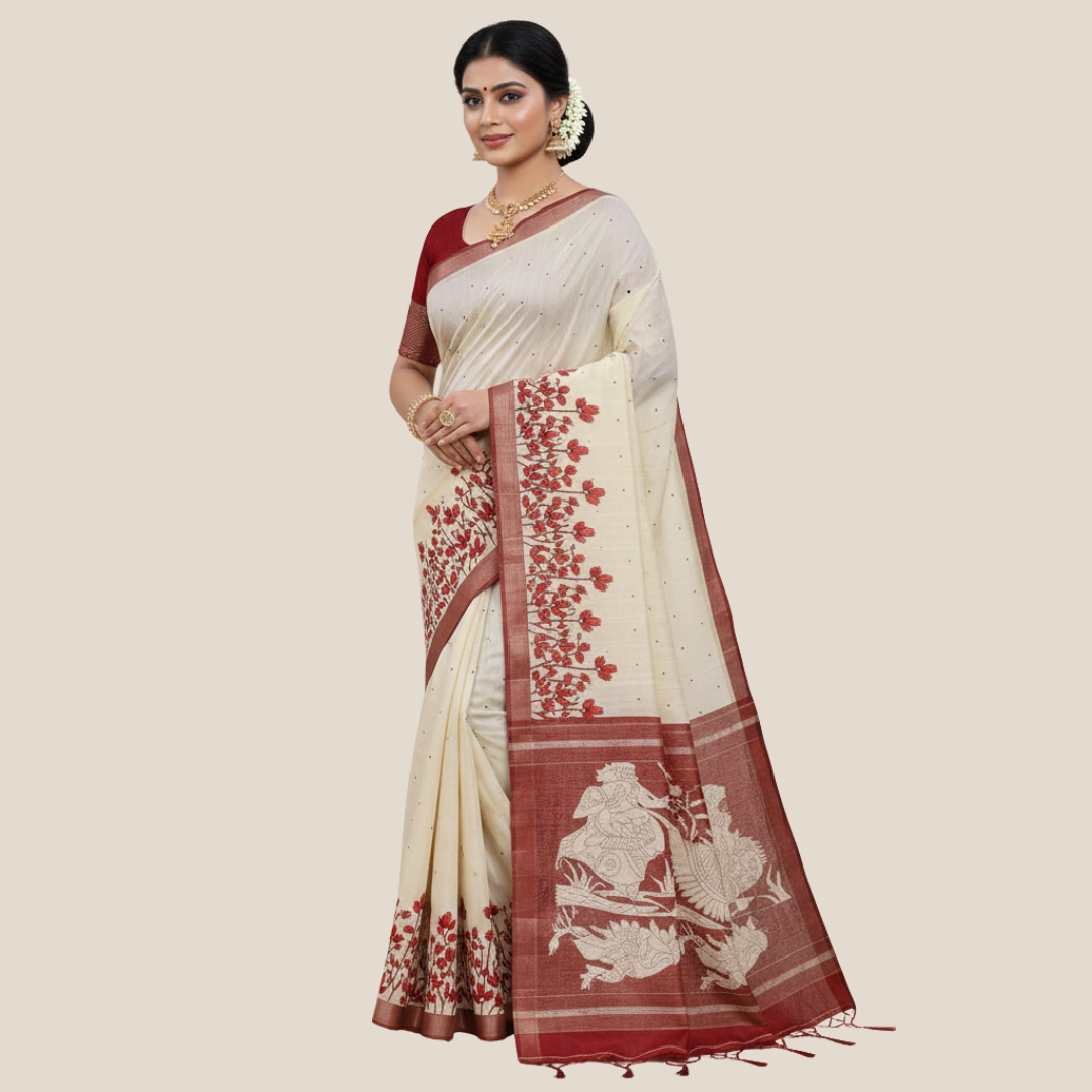 Silk saree, color - beige and red