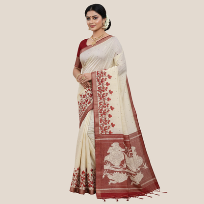 Silk saree, color - beige and red