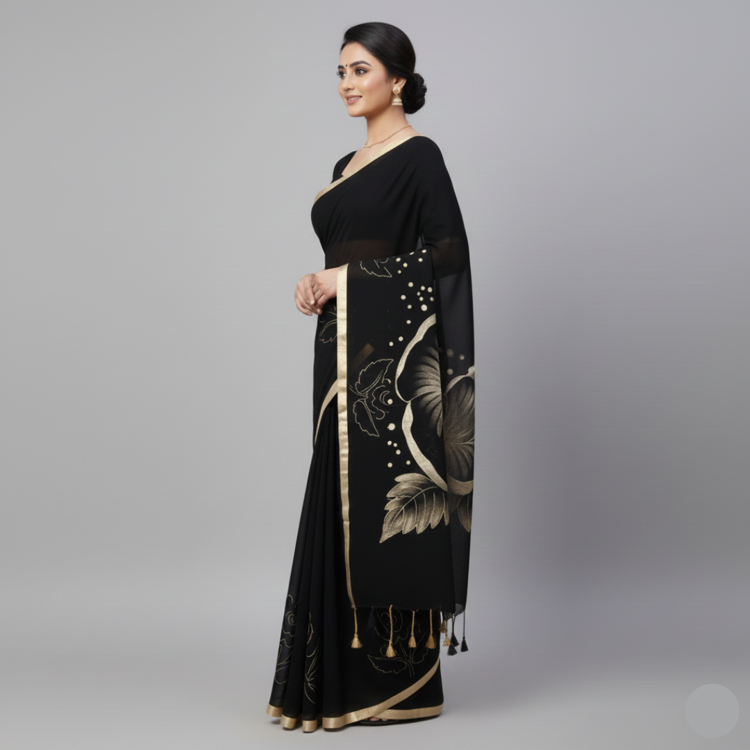 Silk saree, Color - black and floral gold