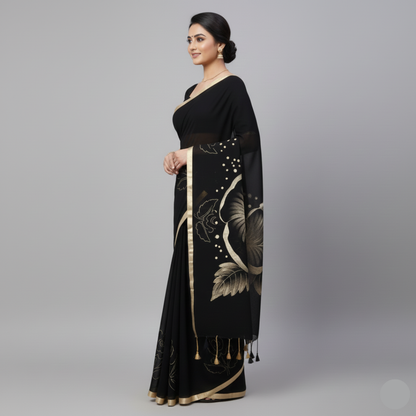 Silk saree, Color - black and floral gold