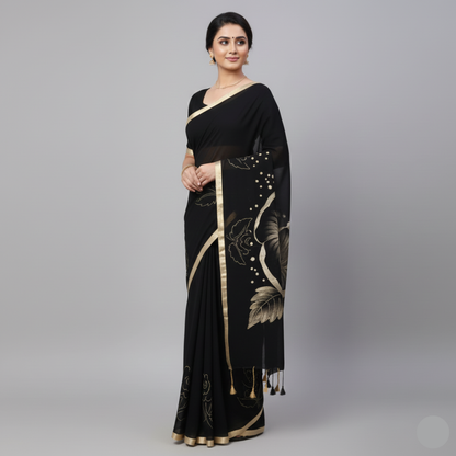 Silk saree, Color - black and floral gold