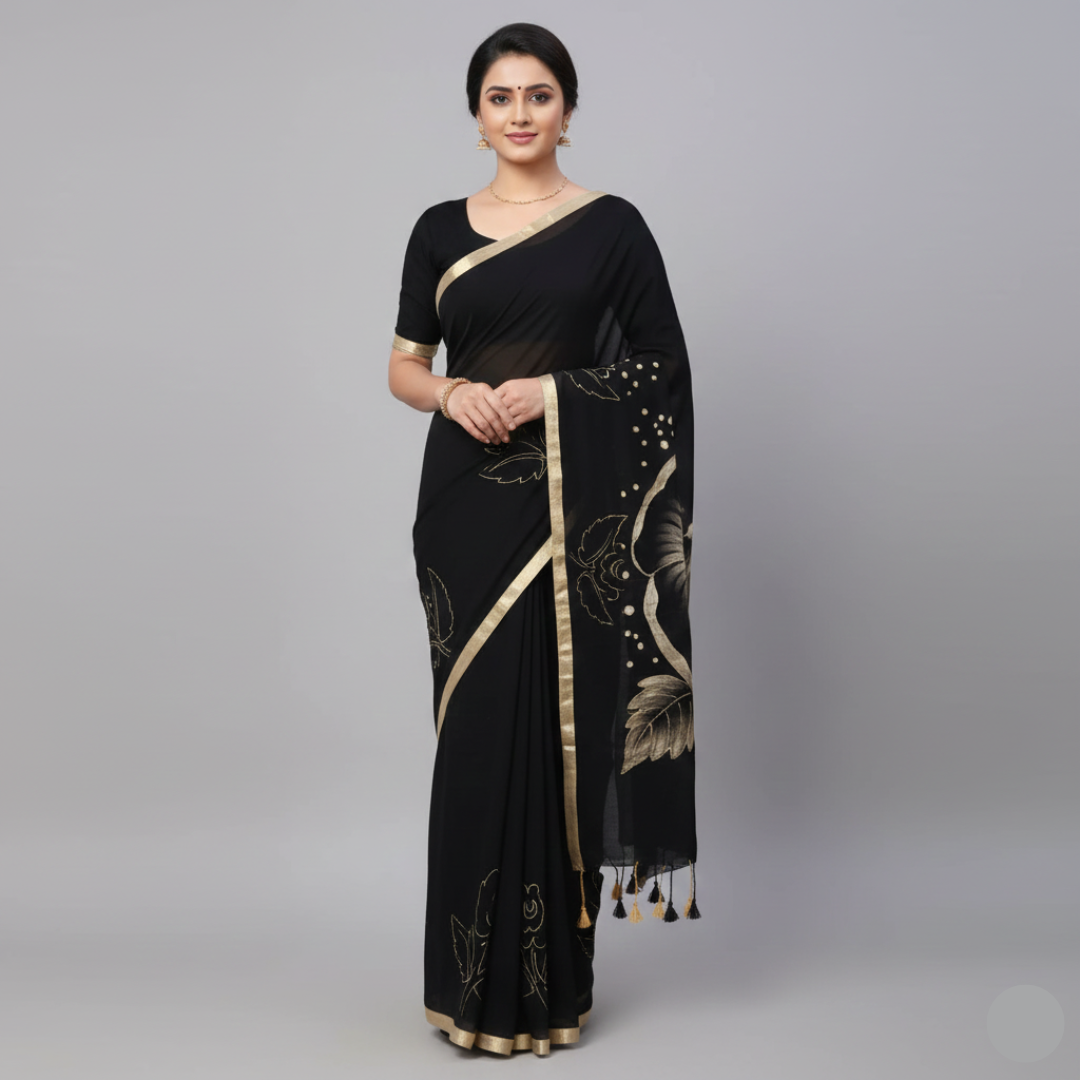 Silk saree, Color - black and floral gold