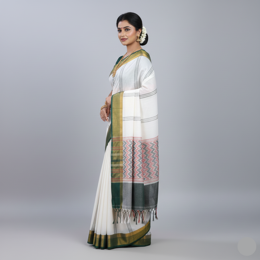 Elegant White Saree with Red & Black Triangle Print – Shop Now
