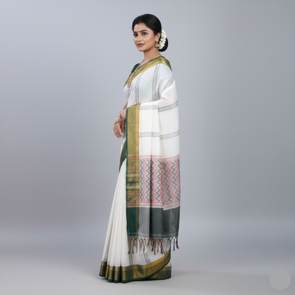 Elegant White Saree with Red & Black Triangle Print – Shop Now