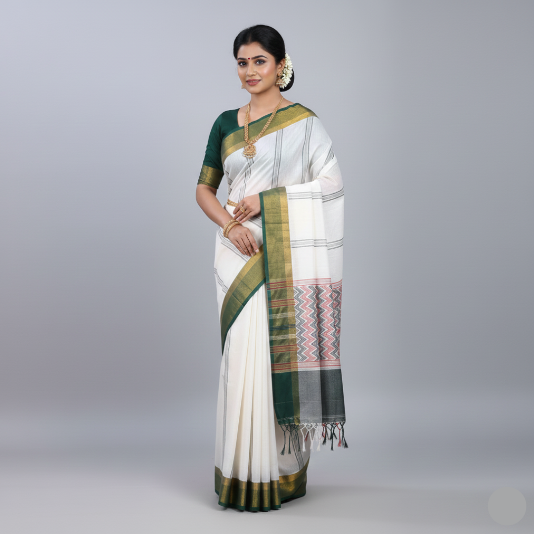 Elegant White Saree with Red & Black Triangle Print – Shop Now