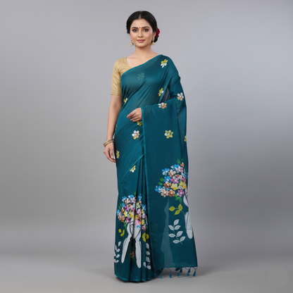 Graceful Blue Silk Saree with Floral & Girl Motif – Shop Now