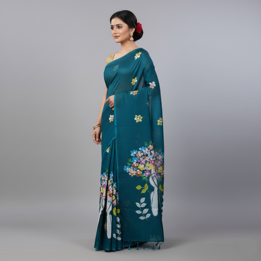 Graceful Blue Silk Saree with Floral & Girl Motif – Shop Now