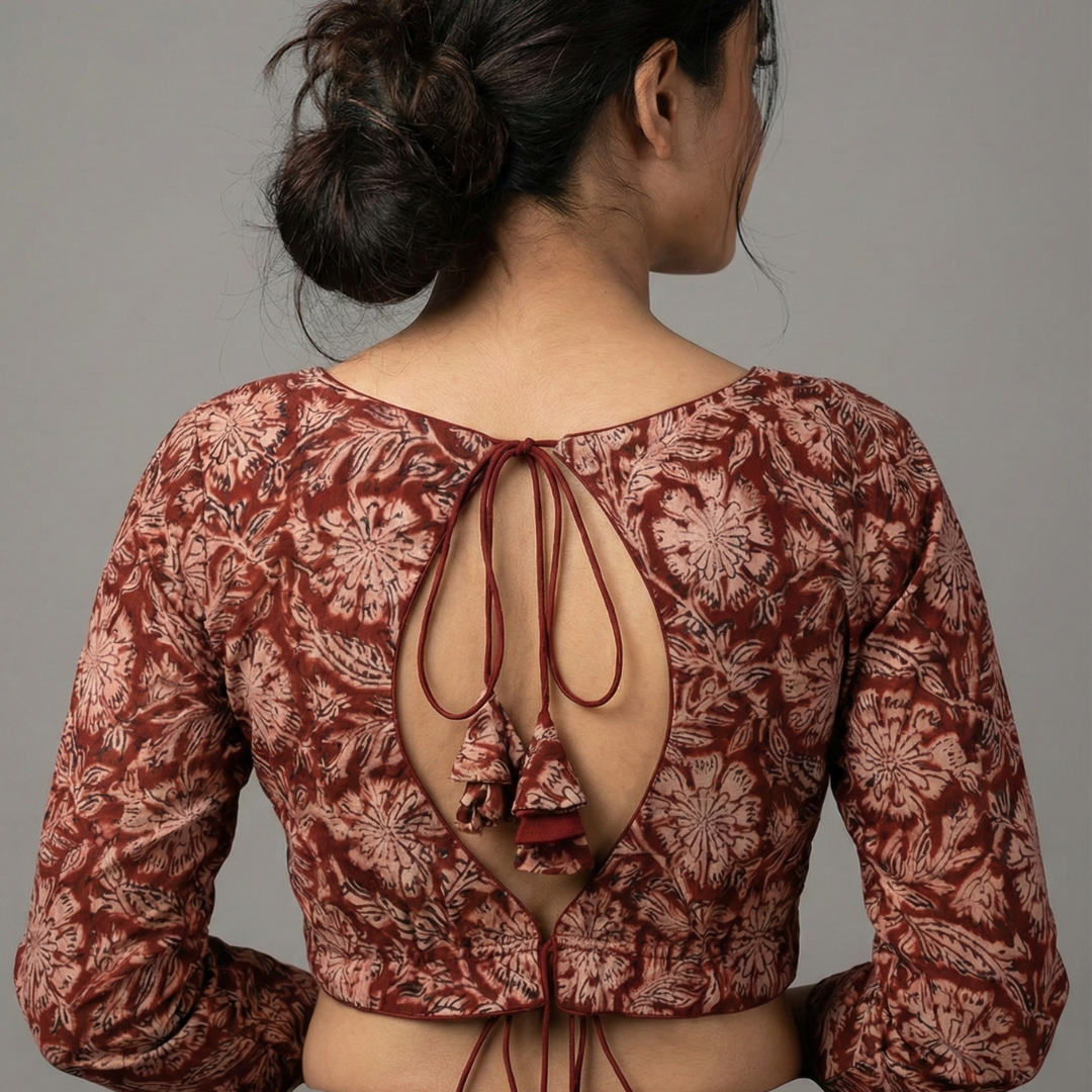 Maroon Kalamkari princess Cut 3/4th Sleeves & back Key hole Neck Blouse | S3B1166