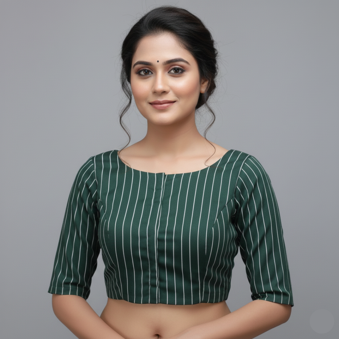 Bottle Green Vertical Lines Princess Cut Elbow Sleeves Blouse | S3B1171