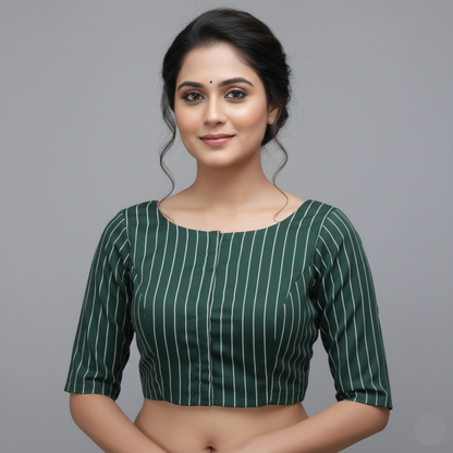 Bottle Green Vertical Lines Princess Cut Elbow Sleeves Blouse | S3B1171