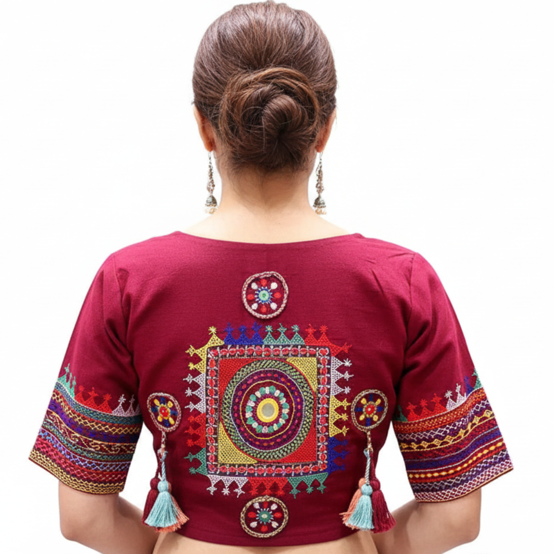 Maroon Thread Work Boat Neck Blouse – Elegant Ethnic Charm | S3 Fashions | S3B11
