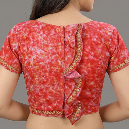 Red Tie & Die Boat Neck Short Sleeves with Back Frills Blouse | S3B1168