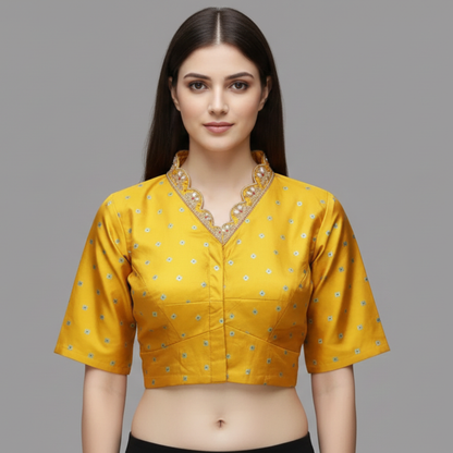 Half Circle High V Neck Yellow Maggam Work Blouse | S3MB54