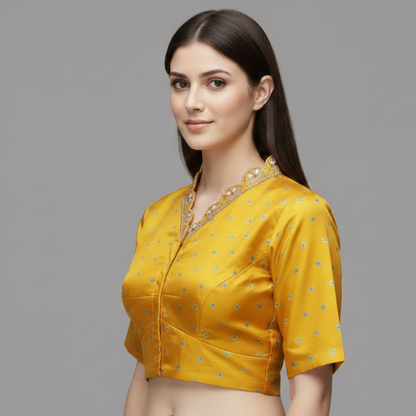 Half Circle High V Neck Yellow Maggam Work Blouse | S3MB54