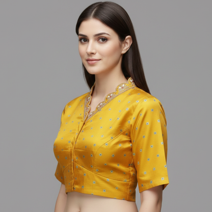 Half Circle High V Neck Yellow Maggam Work Blouse | S3MB54