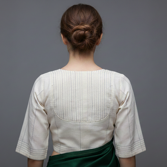 Off- White Planket Round Neck Elbow Sleeves Blouse | S3B1170