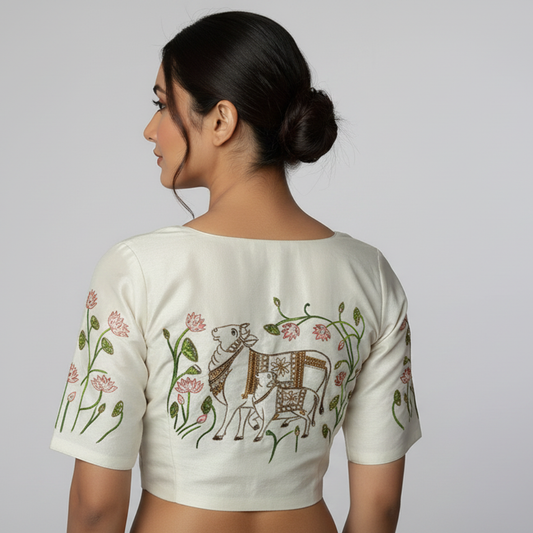 Pichwai Hand-Painted Maggam Work Blouse – Art Meets Embroidery | S3 Fashions | S3MB53