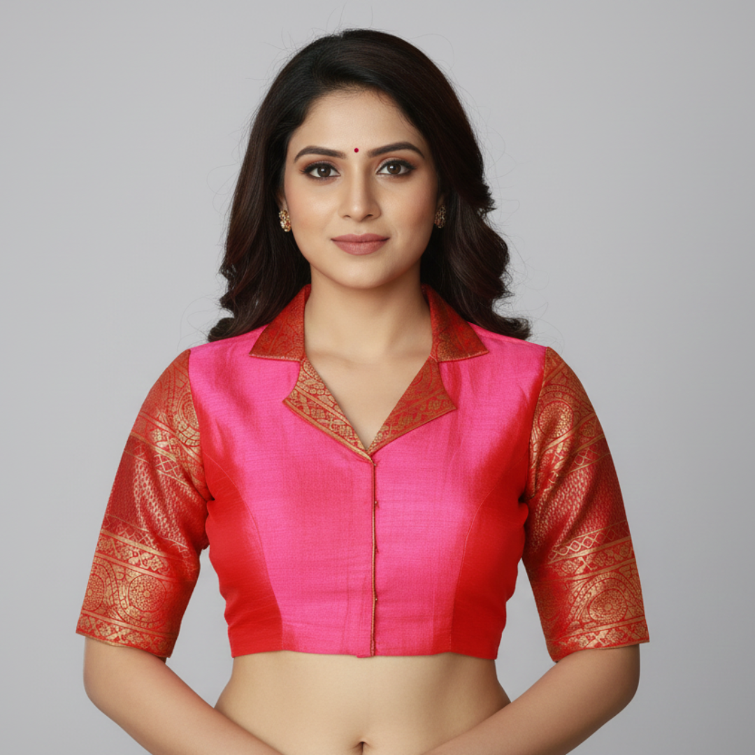 Suit Collared Pink Banaras Pattu Blouse – Grace with a Touch of Structure | S3 Fashions | S3B51