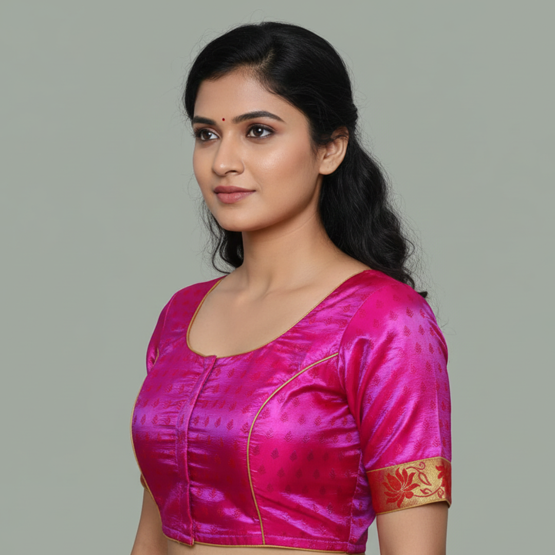 Pink Round Neck Princess Cut Pattu Blouse | S3B35