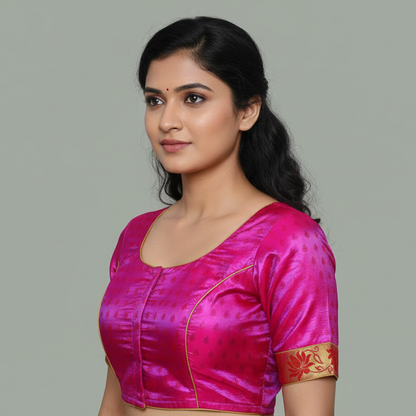 Pink Round Neck Princess Cut Pattu Blouse | S3B35