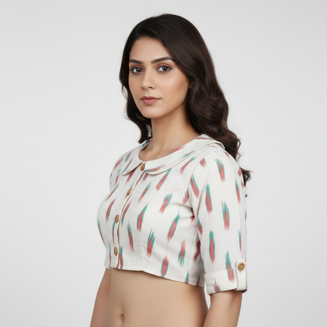 Round Collar Embellished with Wooden buttons Ikat Elbow Sleeves Blouse |  S3B24