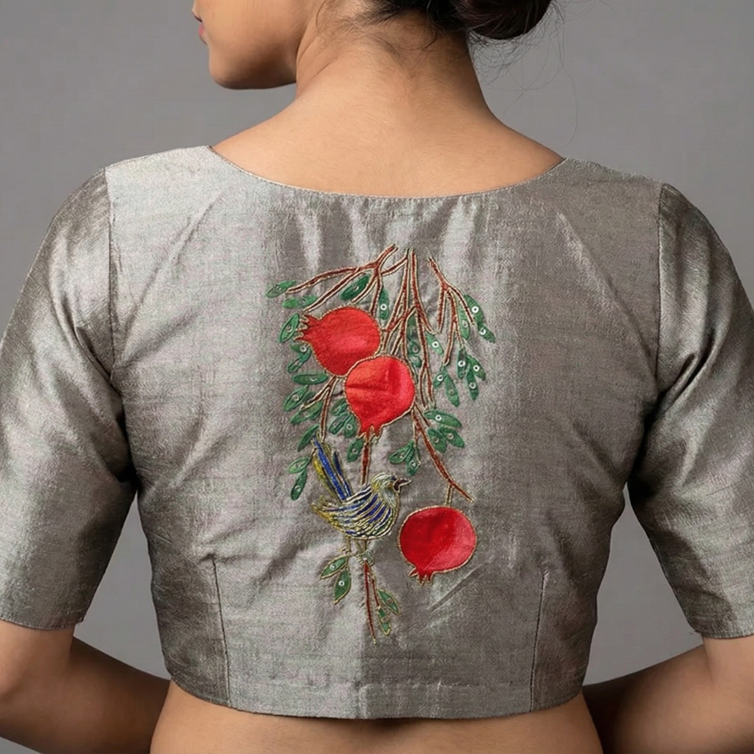 Artistic Handcrafted Blouse Adorned with Bluebird and Pomegranate Tree Paintings and Maggam Work | S3B1262