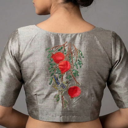 Artistic Handcrafted Blouse Adorned with Bluebird and Pomegranate Tree Paintings and Maggam Work | S3B1262