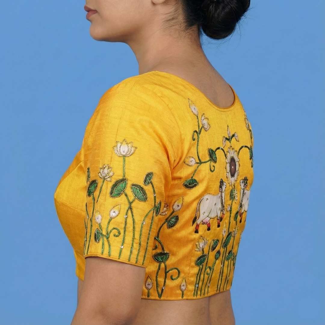 mustared Yellow Pichwai Work Blouse | S3MB42