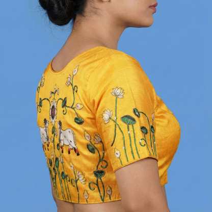 mustared Yellow Pichwai Work Blouse | S3MB42
