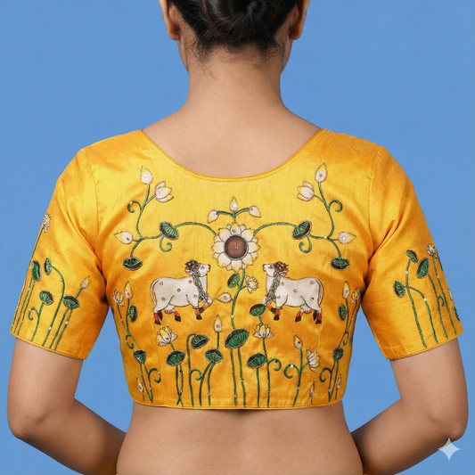 mustared Yellow Pichwai Work Blouse | S3MB42