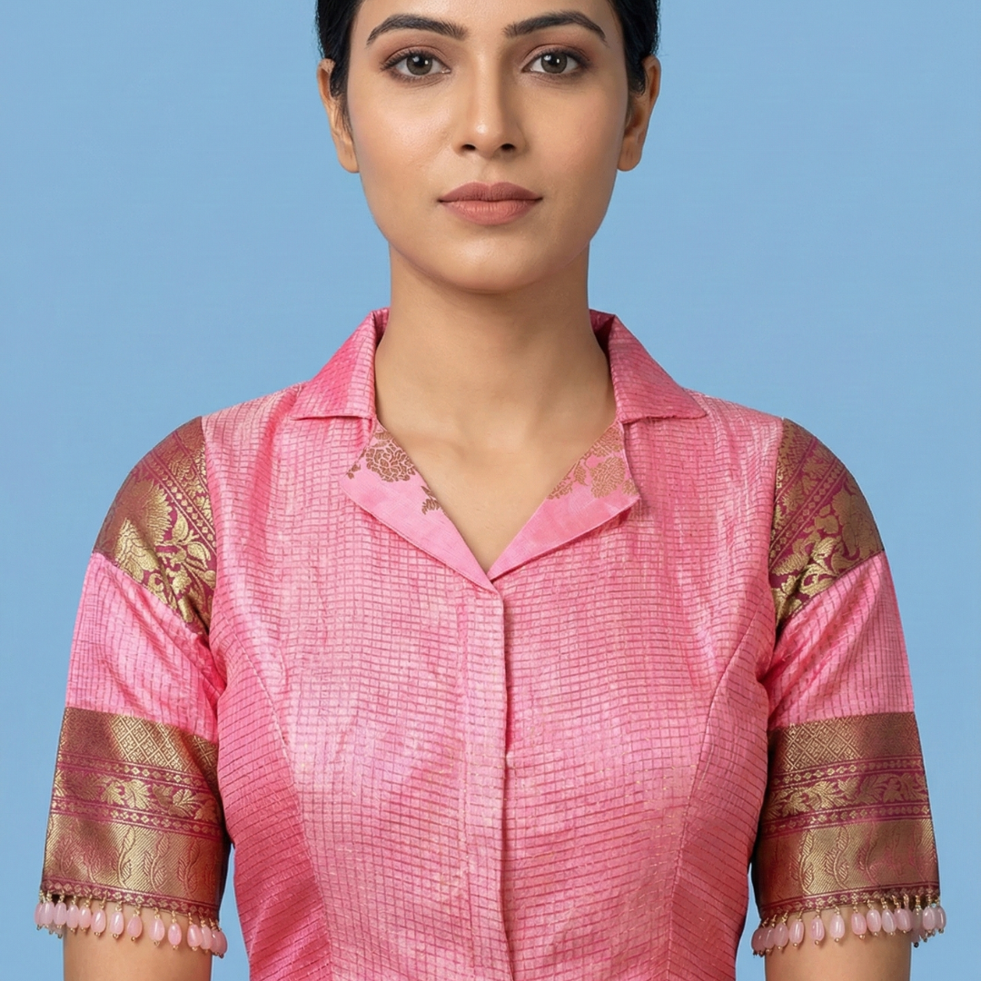 Blazer Collar Neck pure silk pattu  Blouse with Patches On Sleeves | S3B45